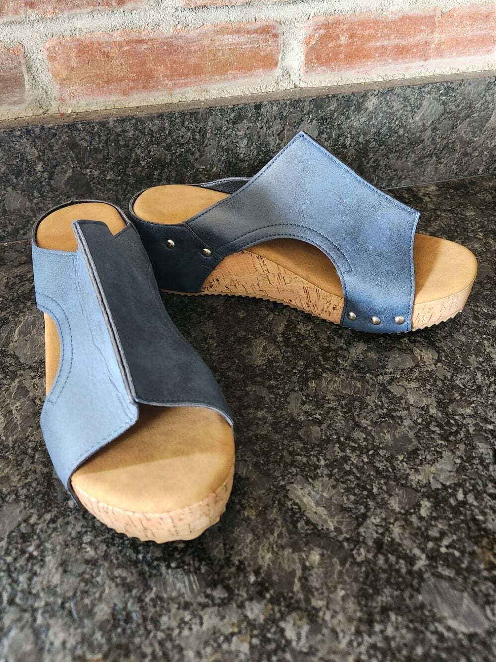 Northend Blue Cork Wedge Slip-On Sandals With Metallic Rivets & Open Size 6.5 US
